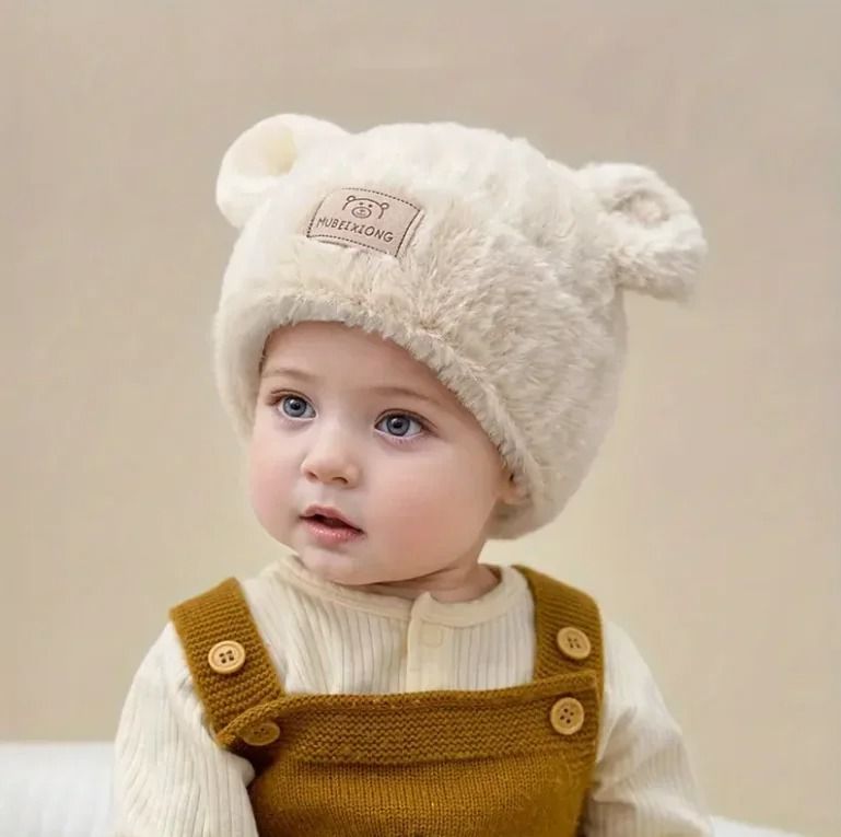 Winter Warm Baby Hat with Bear Ears Soft Plush Lining Cozy Headwear