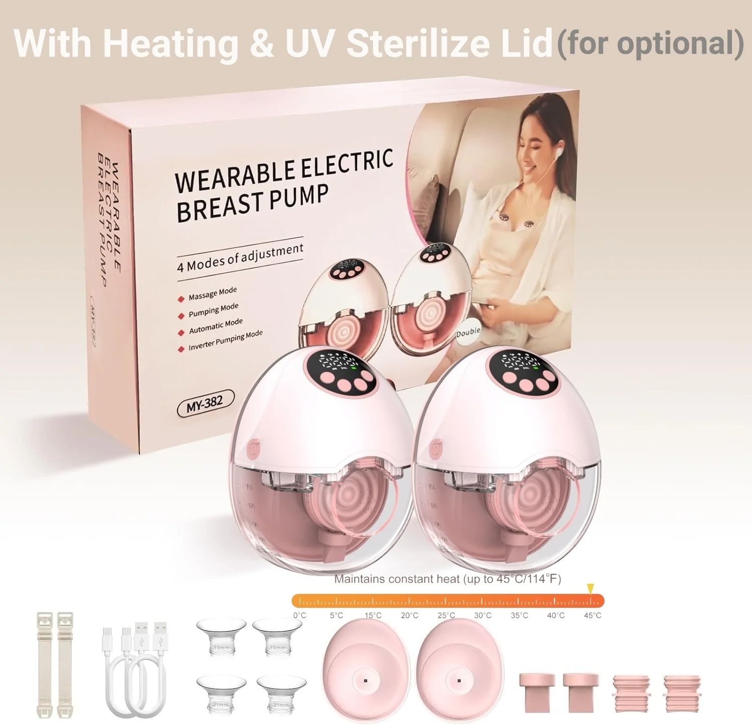 Electric Hands-Free Wearable Breast Pump with Heating and UV Sterilization Lid Option – BPA-Free Wireless Breastfeeding
