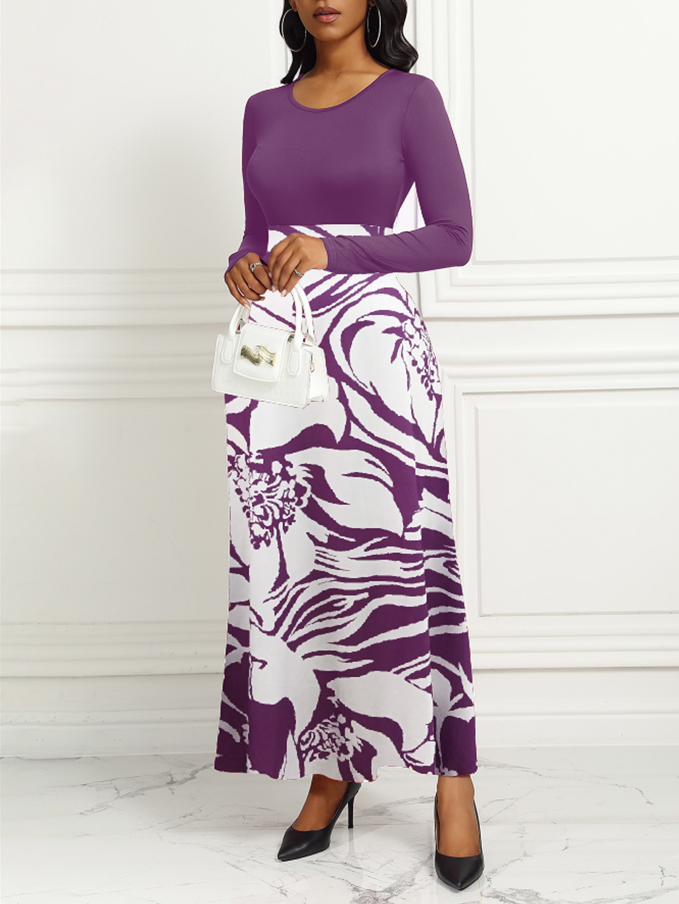 Purple Elegant Style Women Dresses Long Sleeve Round Neck, Printed Hem Long Dress