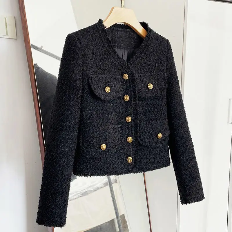 Elegant Socialite Jacket, Blacktweed Style Cropped Blazer, New Spring Autumn Thin Long Sleeve Top