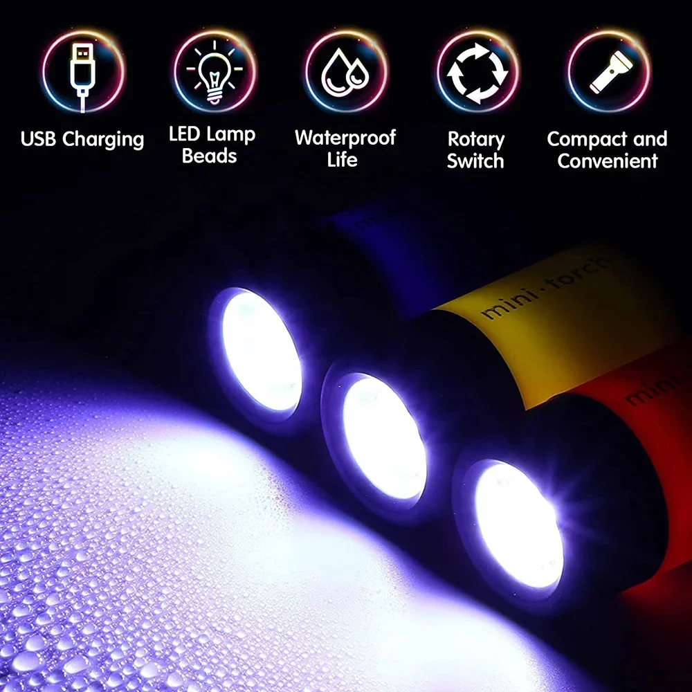 USB Rechargeable LED Keychain Flashlight, Waterproof, Strong Light, Pocket-Sized Mini Torch for Outdoor Hiking & Camping