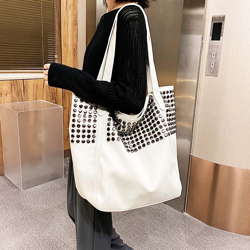 Rivet Accent Large Capacity Tote Bag for Women Stylish Shoulder Handbag Everyday Shopping Bag