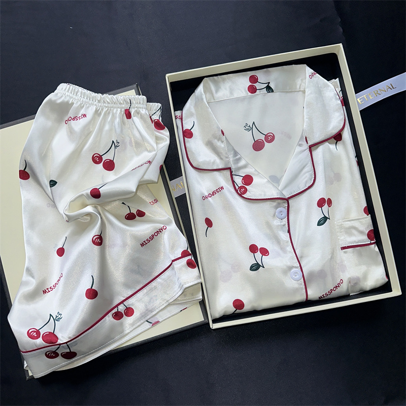 Cherries Print Pajamas Set, Summer Faux Stain Shorts and Top, Ladies Casual Fashion Home Clothes, Two Pieces Set Pijamas