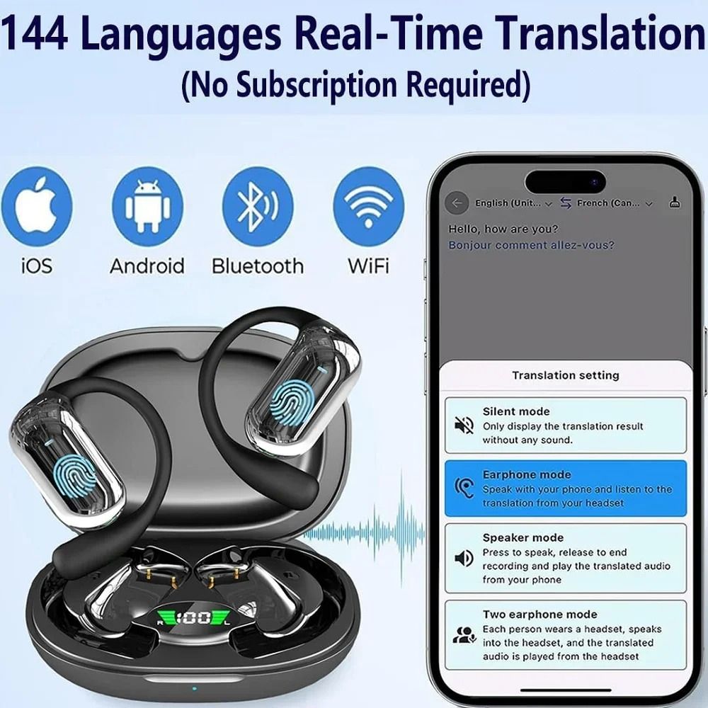 AI Translation Earbuds with Bluetooth 5.3, Open Ear Design, and ENC Noise Cancellation