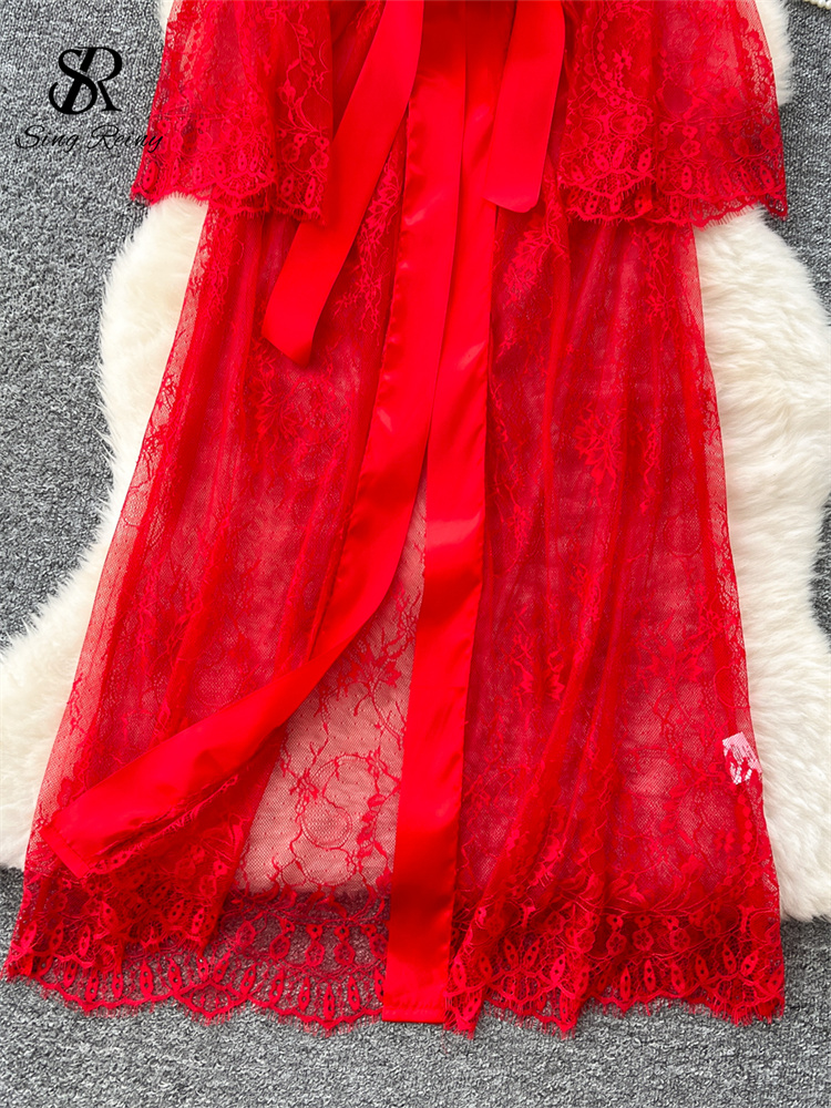 Lace Up Solid Long Sleeve Robes, Elegant Sheer Cardigan Long Robes Female, Fashion Women Transparent Lace Sensual Robes