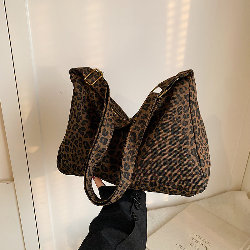 Leopard Print Canvas Tote Bag Large Capacity Crossbody Shoulder Bag for Women