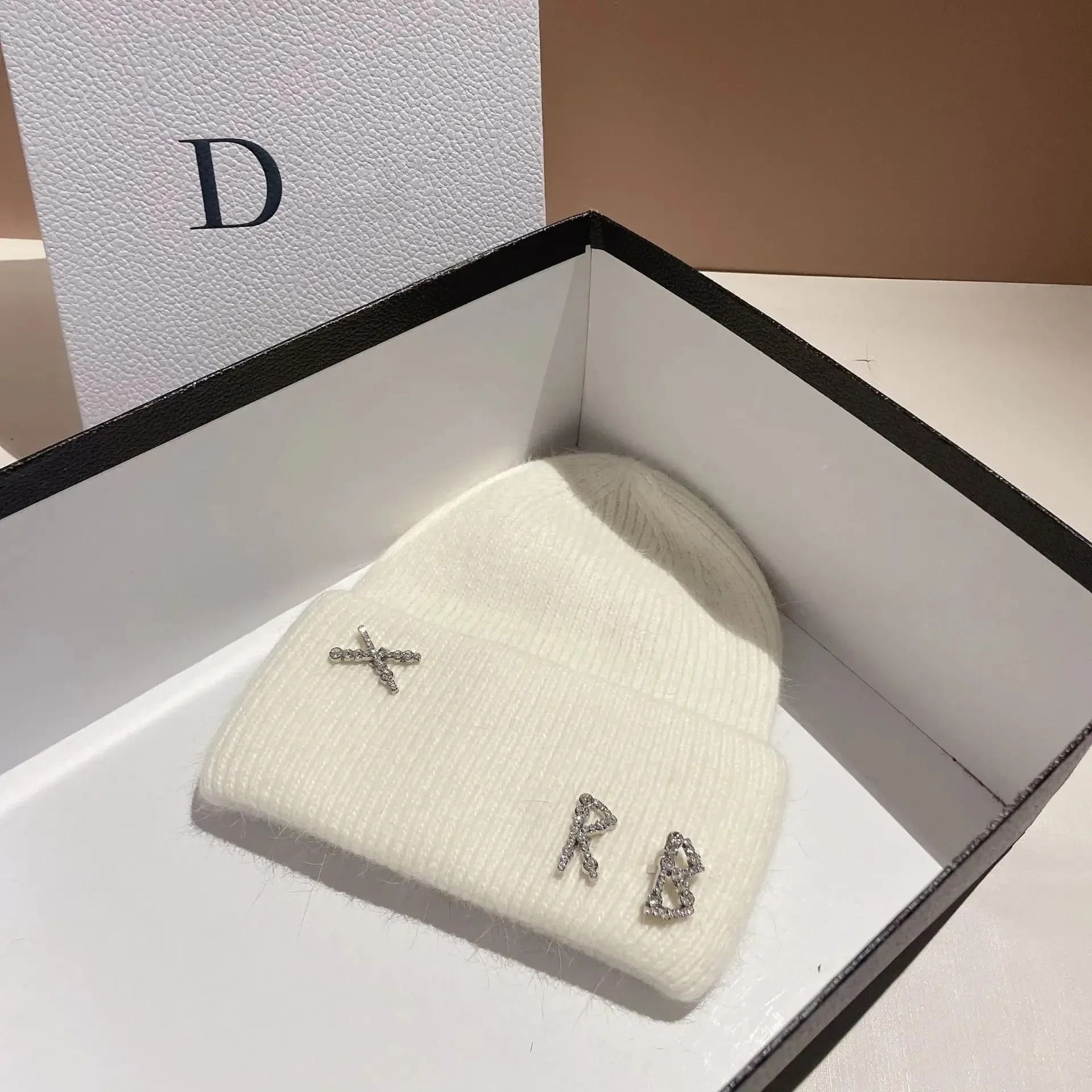 Diamond-Embellished Rabbit Fur Blend Thermal Beanie