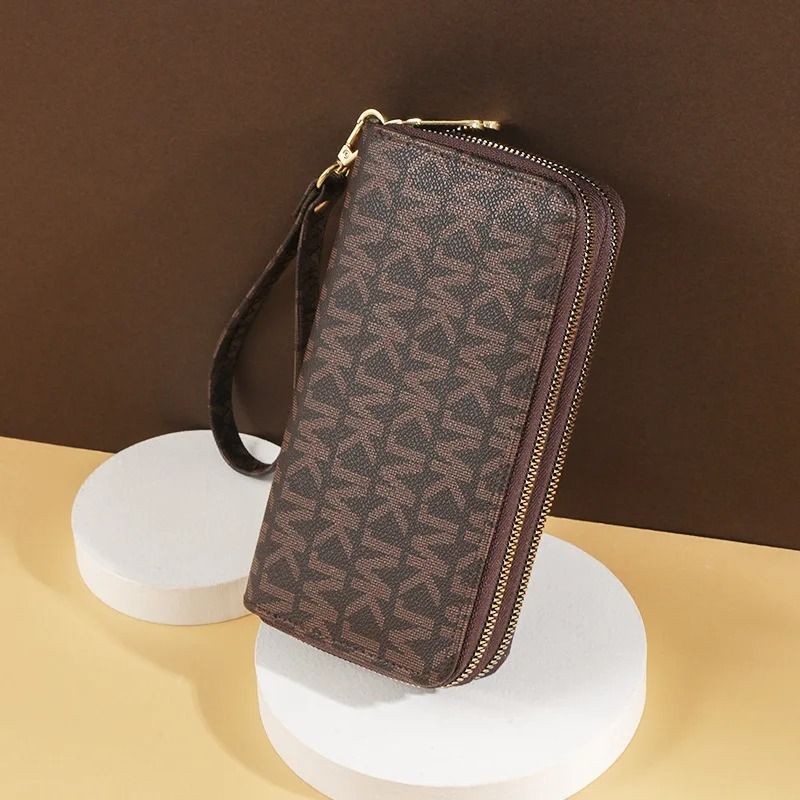 Womens Long Double Zipper Wallet With Phone Card And Wristlet Design
