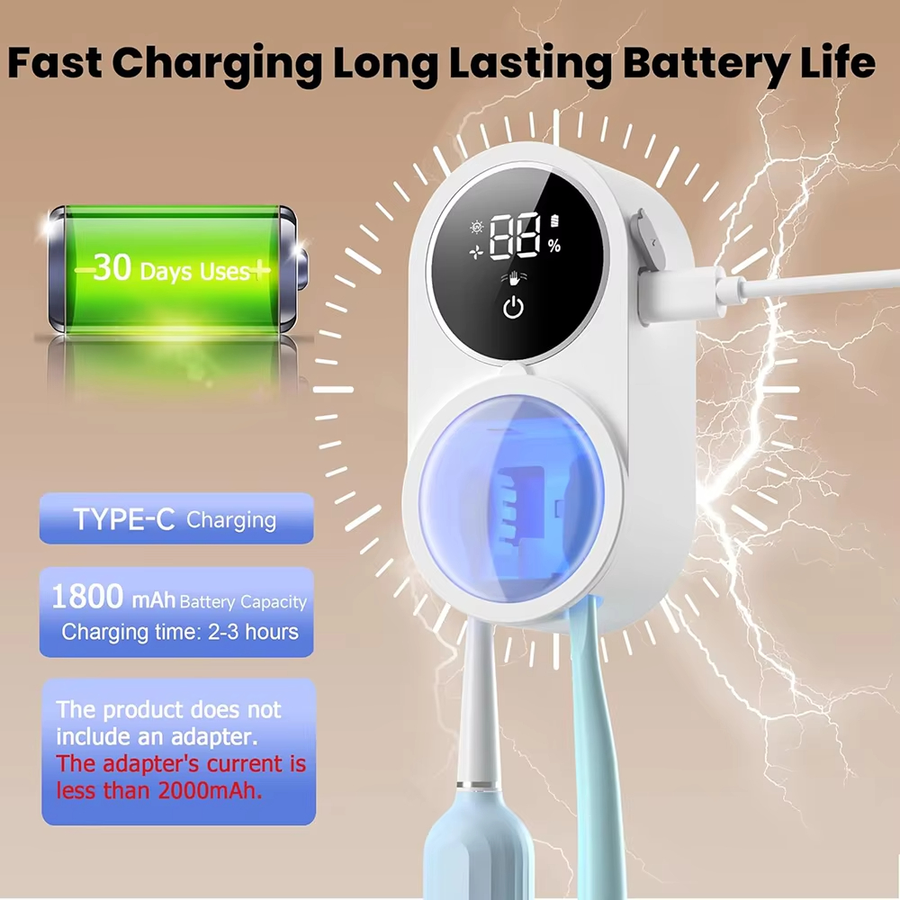Automatic Toothbrush Holder Dryer, Rechargeable, Wall Mounted with Light Cleaning Feature