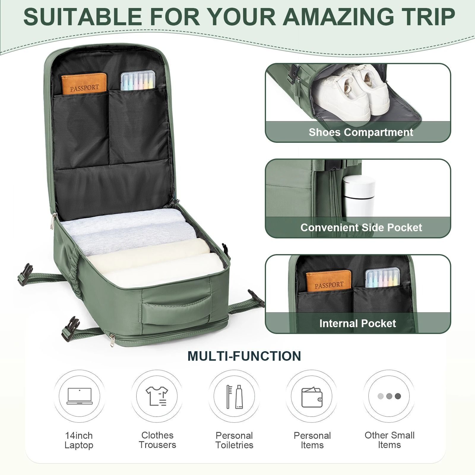 40x30x20 Cabin Travel Backpack with Laptop Compartment