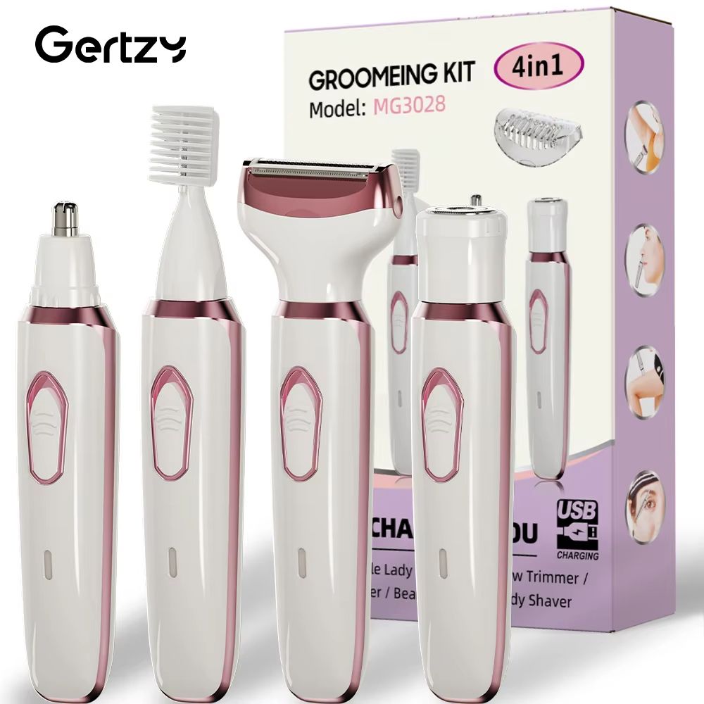 4-in-1 Rechargeable Electric Razor for Women with Bikini Trimmer, Nose Hair Remover, and Facial Shaver – Wet and Dry Use