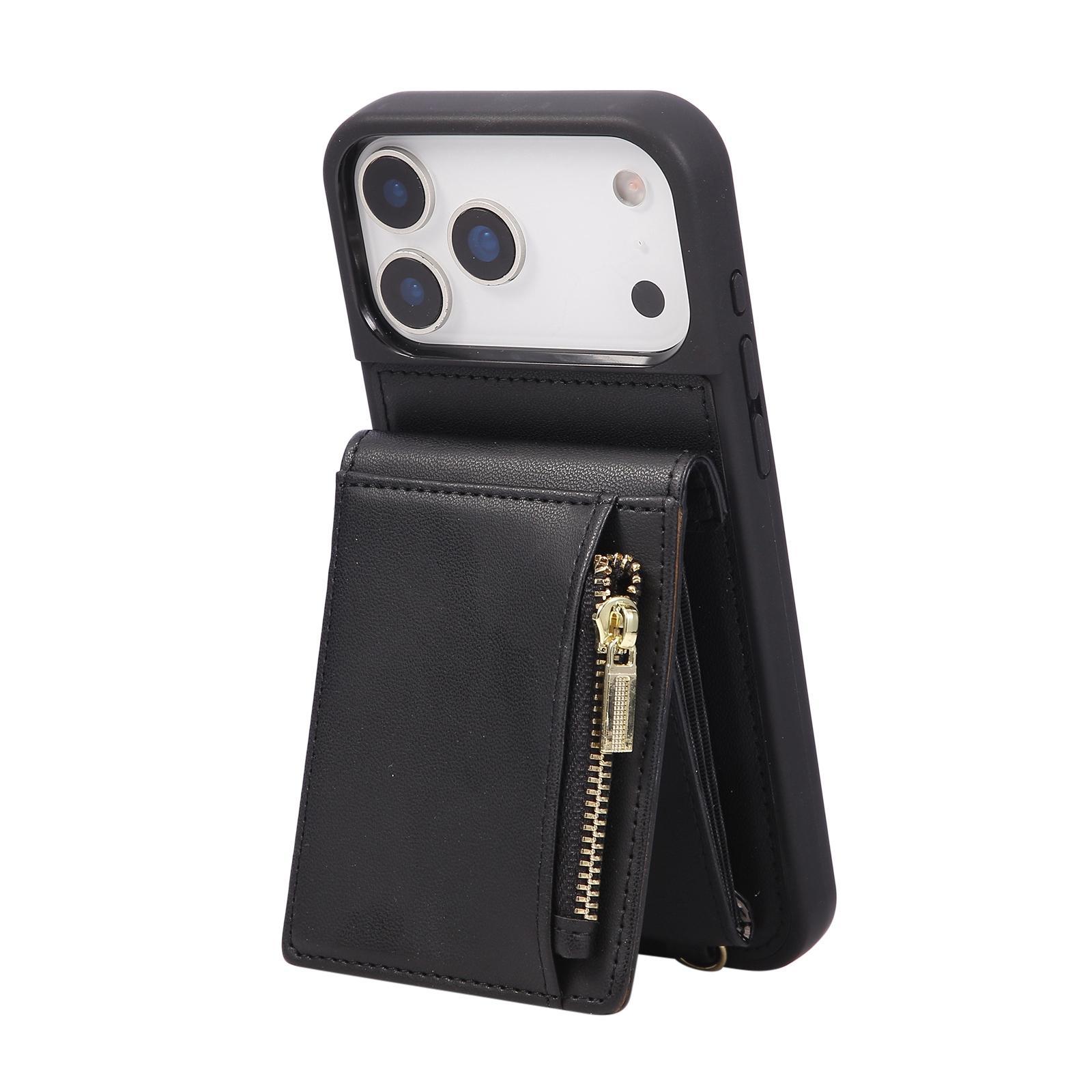 Leather Crossbody iPhone Wallet Case with Zipper Pocket & Lanyard Strap