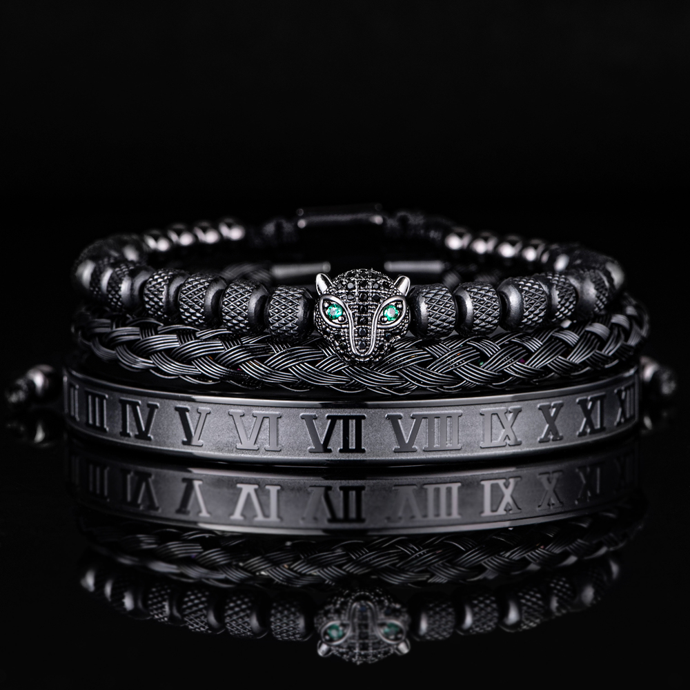 Handmade Braiding Bracelet Set, Hip Hop Men's CZ Leopard Head & Roman Numeral Stainless Steel Jewelry