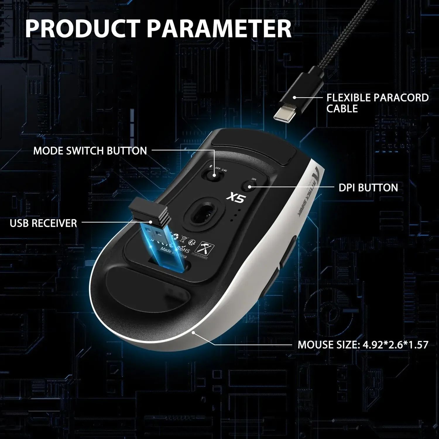 Attack Shark X5 Ultralight Tri-Mode Wireless Gaming Mouse with PixArt Optical Sensor