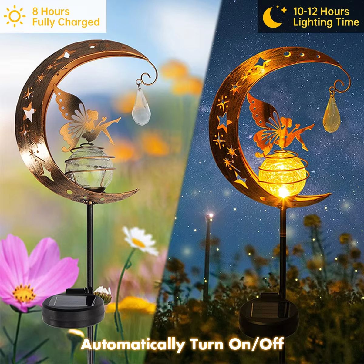 Whimsical Moon Fairy Solar Garden Stake Light | Crackle Glass Globe
