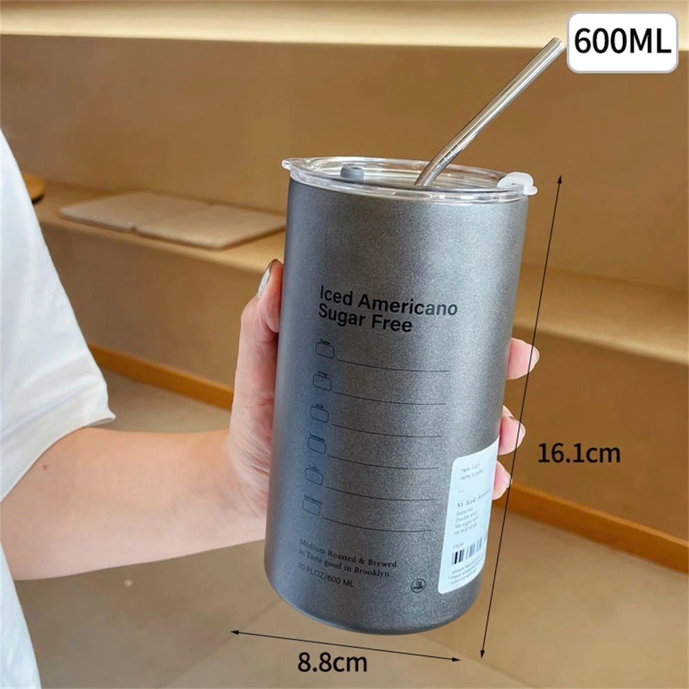 Portable Thermos Cup with Straw, Stainless Steel Coffee Mug, Thermal Insulated Water Bottle