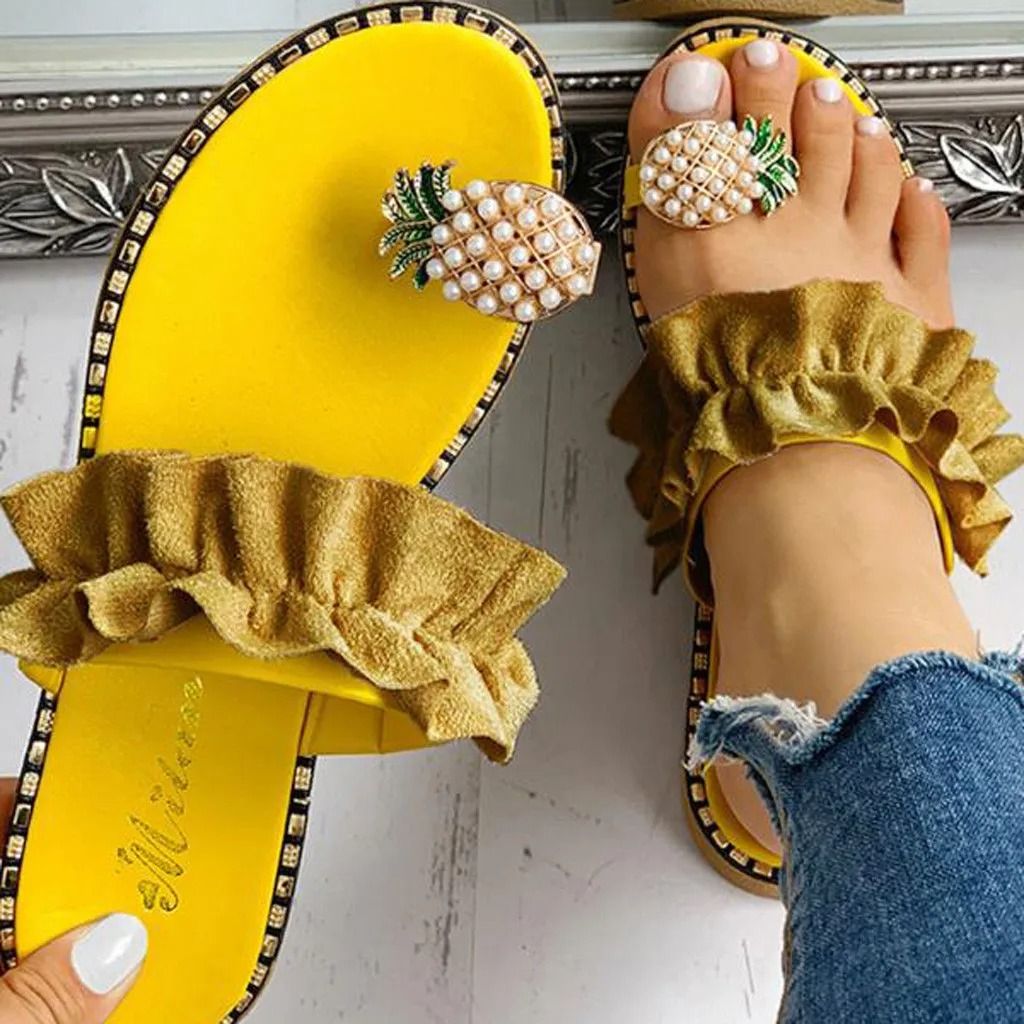 Bohemian Flat Sandals with Pineapple Pearl Accent