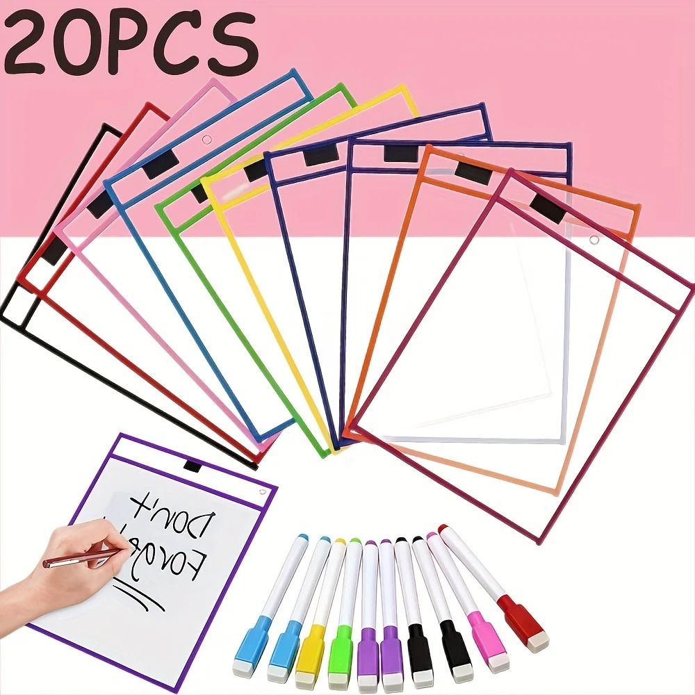 Extra Large Reusable Dry Erase Pockets Set Classroom Worksheet Sleeves 20pcs