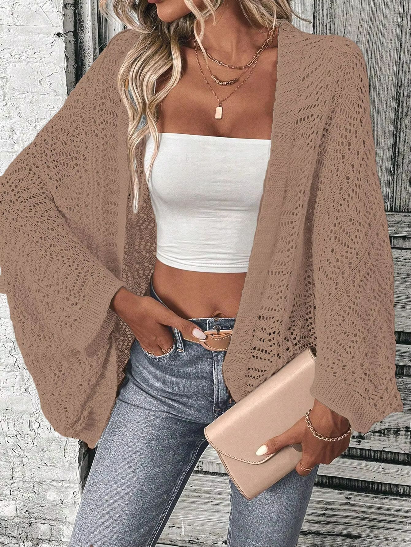 GraceFlow Batwing-Sleeve Open-Front Knit Cardigan
