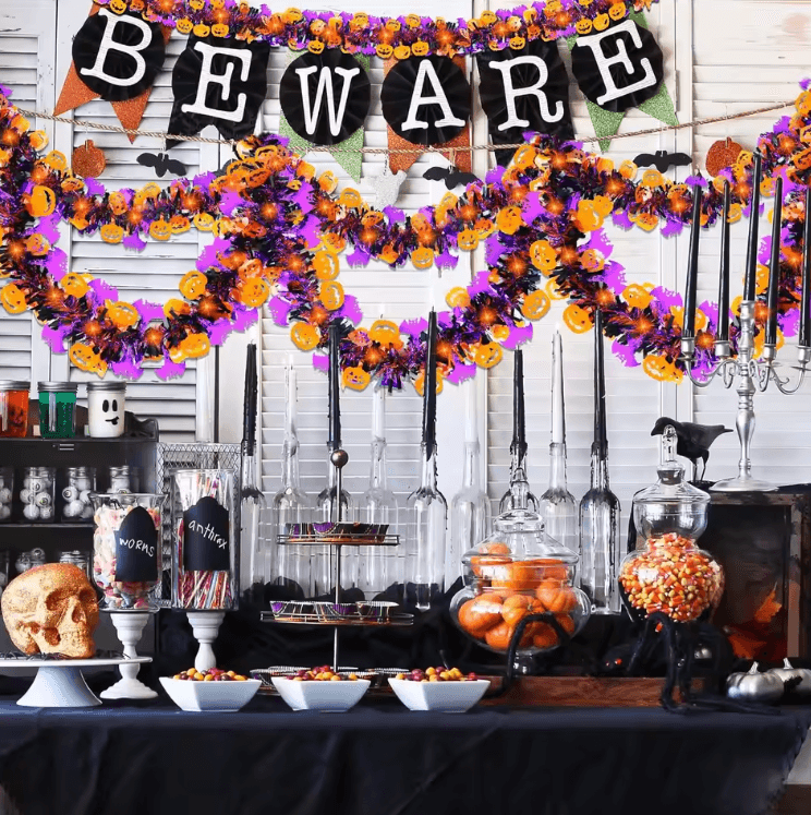 Purple Halloween Tinsel Garland with Pumpkin and Bat for Spooky Party Decor