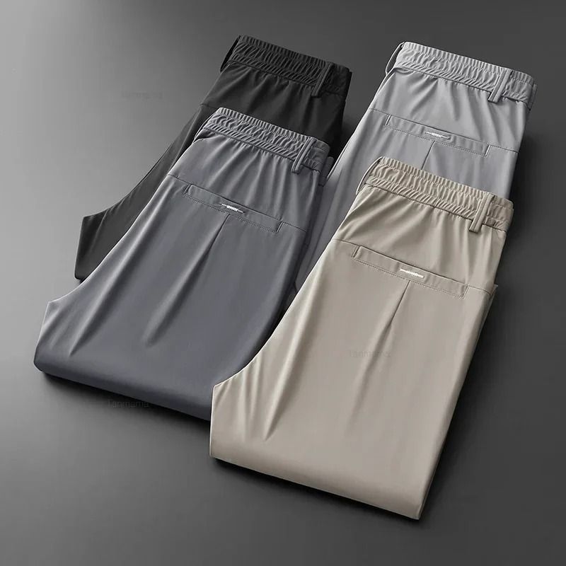 Mens Ultra Thin Quick Dry Elastic Trousers Summer Slim Straight Pants
