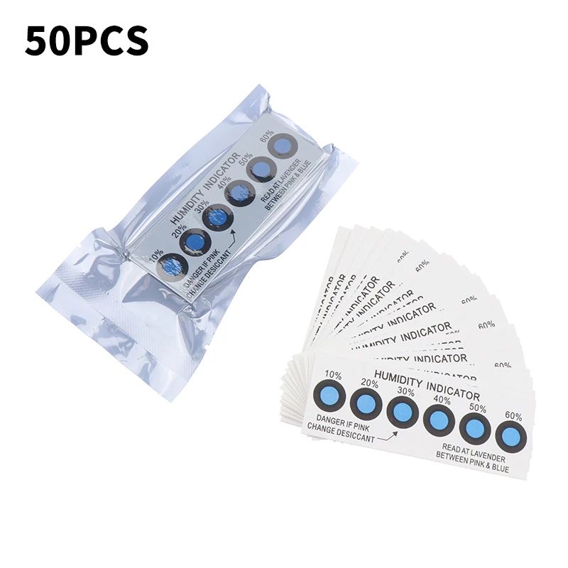 50-Pack Humidity Indicator Cards (10%–60% RH), Blue-to-Pink Moisture Indicator Card Test Paper for Sealed Storage & PacK