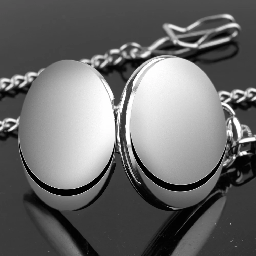 Modern Analog Pocket Watch with Luxury Smooth Silver Pendant, Roman Numerals, Unisex Chain Gift