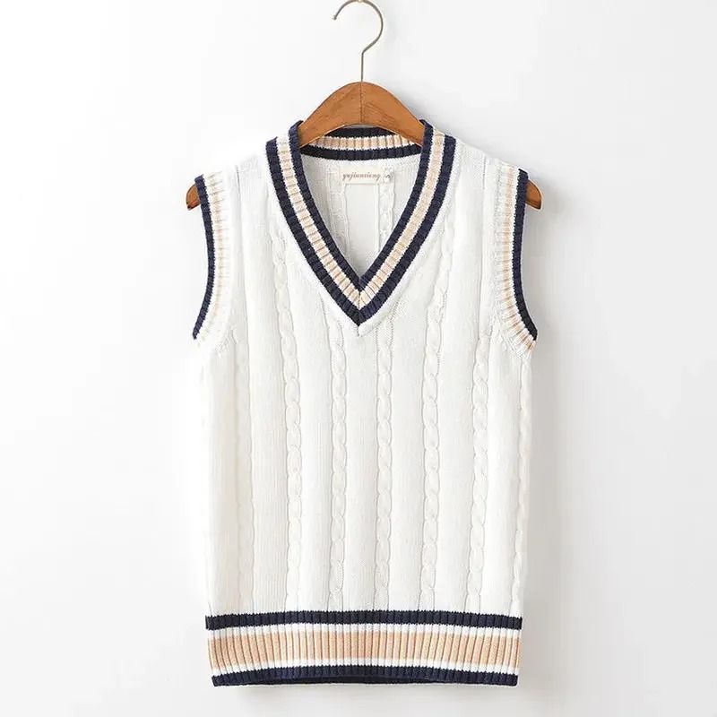 Mens Thick Knitted V Neck Sweater Vest Retro Striped Casual Pullover