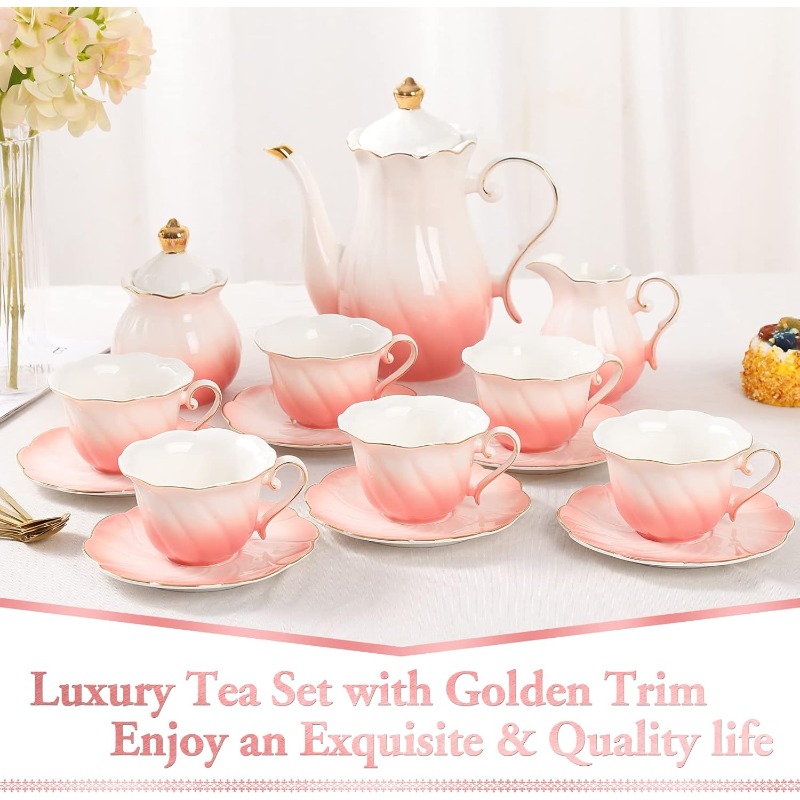22-Piece Porcelain Tea Set for 6 – Luxury British Style Tea & Coffee Cups with Golden Trim