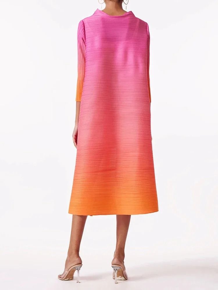 Gradient Pleated High Fashion Mid Calf Dress