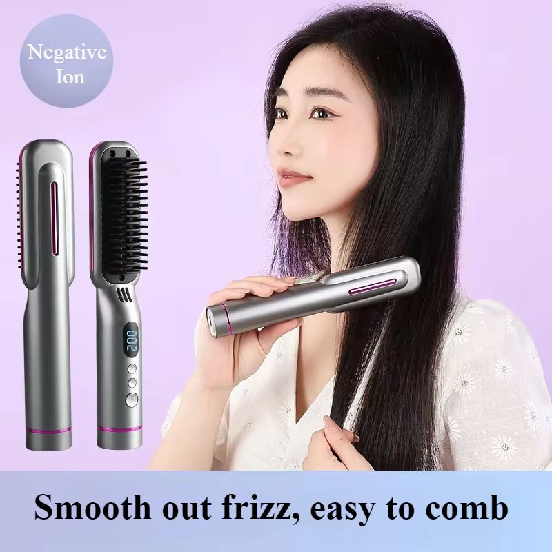 Wireless Negative Ion Hair Straightener Comb 2-in-1 Rechargeable Hair Styling Brush with LED Display