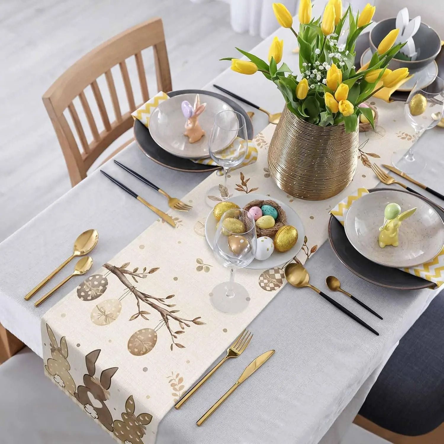 Easter Bunny & Botanical Linen Table Runner | Rustic Spring Holiday Dresser Scarf