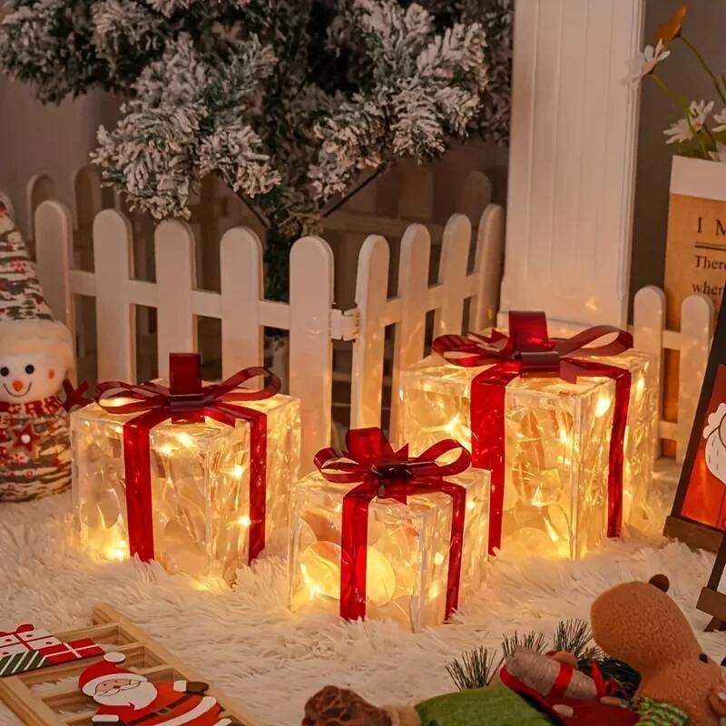 Decorative Boxes, Lighted Gift Boxes Decorations, Party, Tree Skirt Ornament For Holiday, Christmas