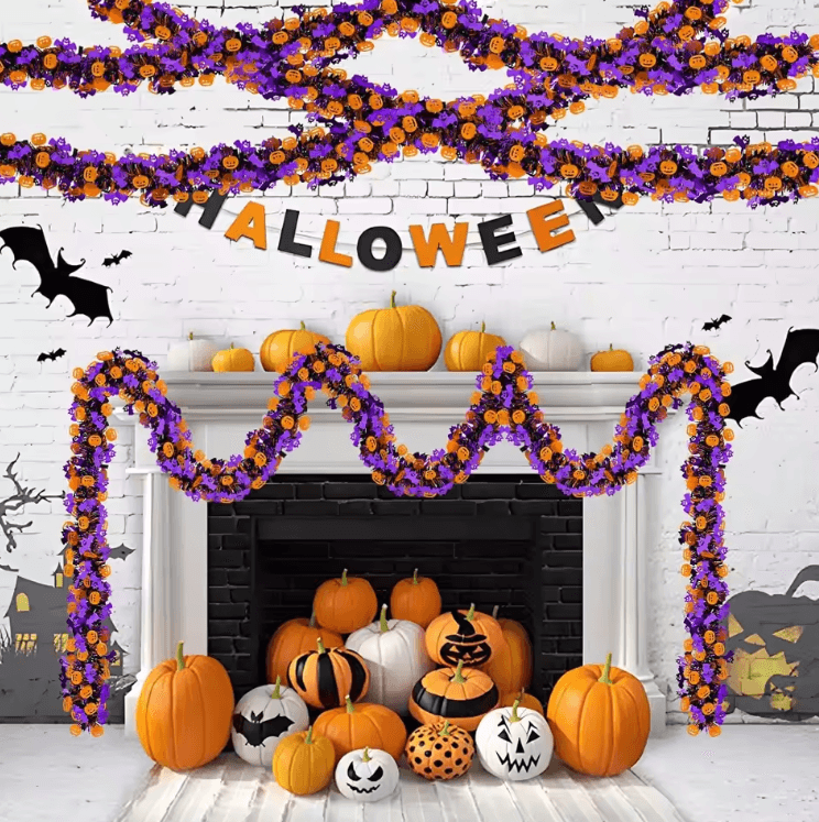 Purple Halloween Tinsel Garland with Pumpkin and Bat for Spooky Party Decor