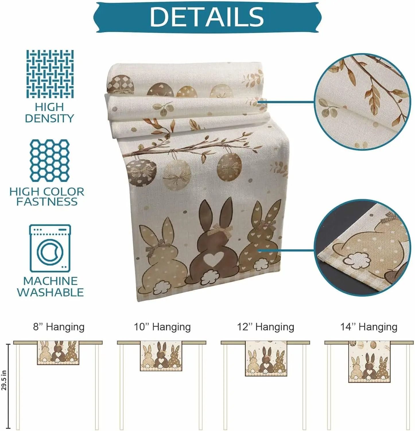 Easter Bunny & Botanical Linen Table Runner | Rustic Spring Holiday Dresser Scarf