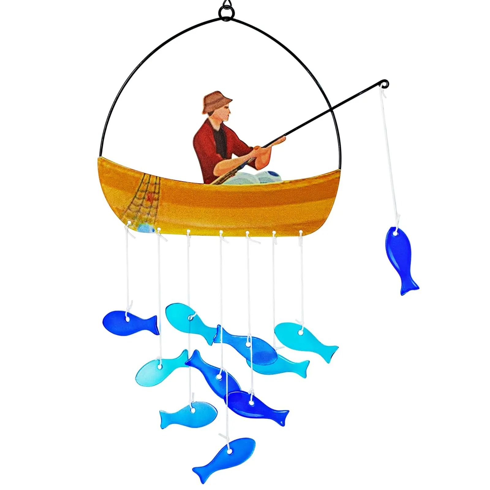 Blue Sea Glass Fish Wind Chimes 21in – Coastal Garden Suncatcher Decor