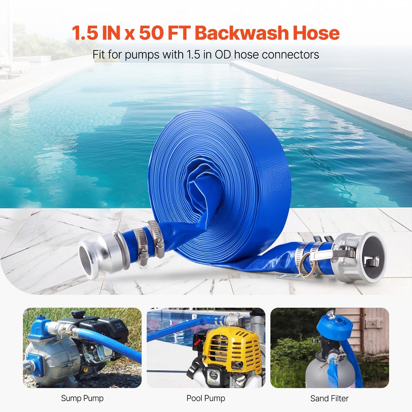 Pool Backwash Hose Blue PVC Discharge Hose with Fittings