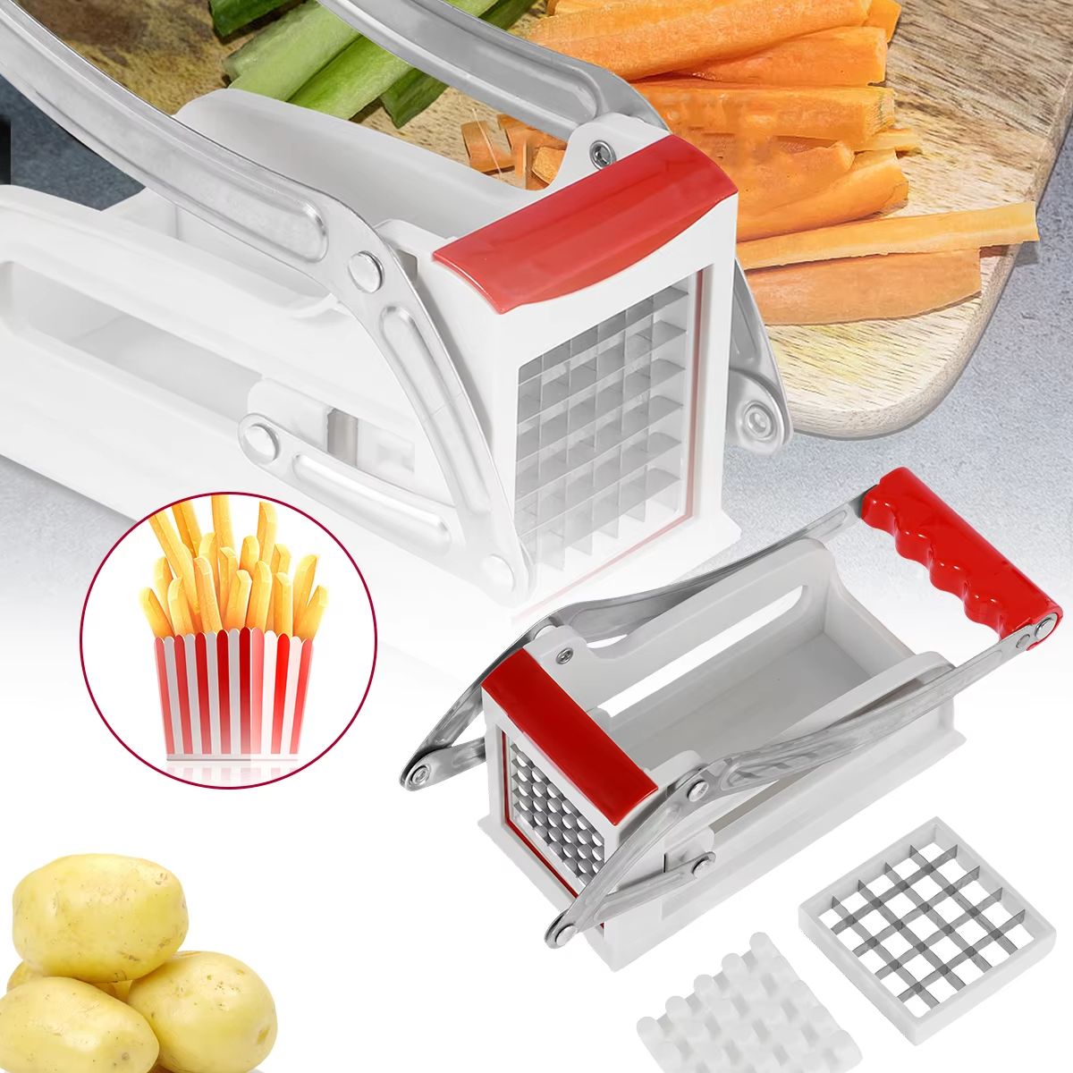 QuickSlice Stainless Steel French Fry Cutter – Manual Potato Chipper and Vegetable Slicer with Interchangeable Blades