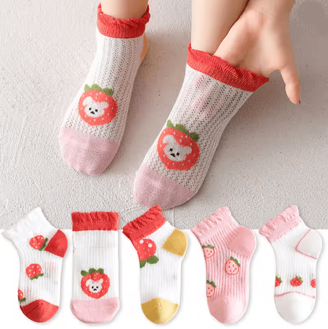 BreezeStep Summer Cotton Kids Socks 5 Pair Cartoon Mesh Set
