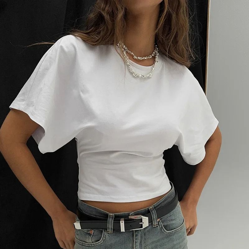 Premium Pure Cotton Crew Neck Pullover – Womens Loose-Fit Waist-Defining Cropped Top with Exposed Navel