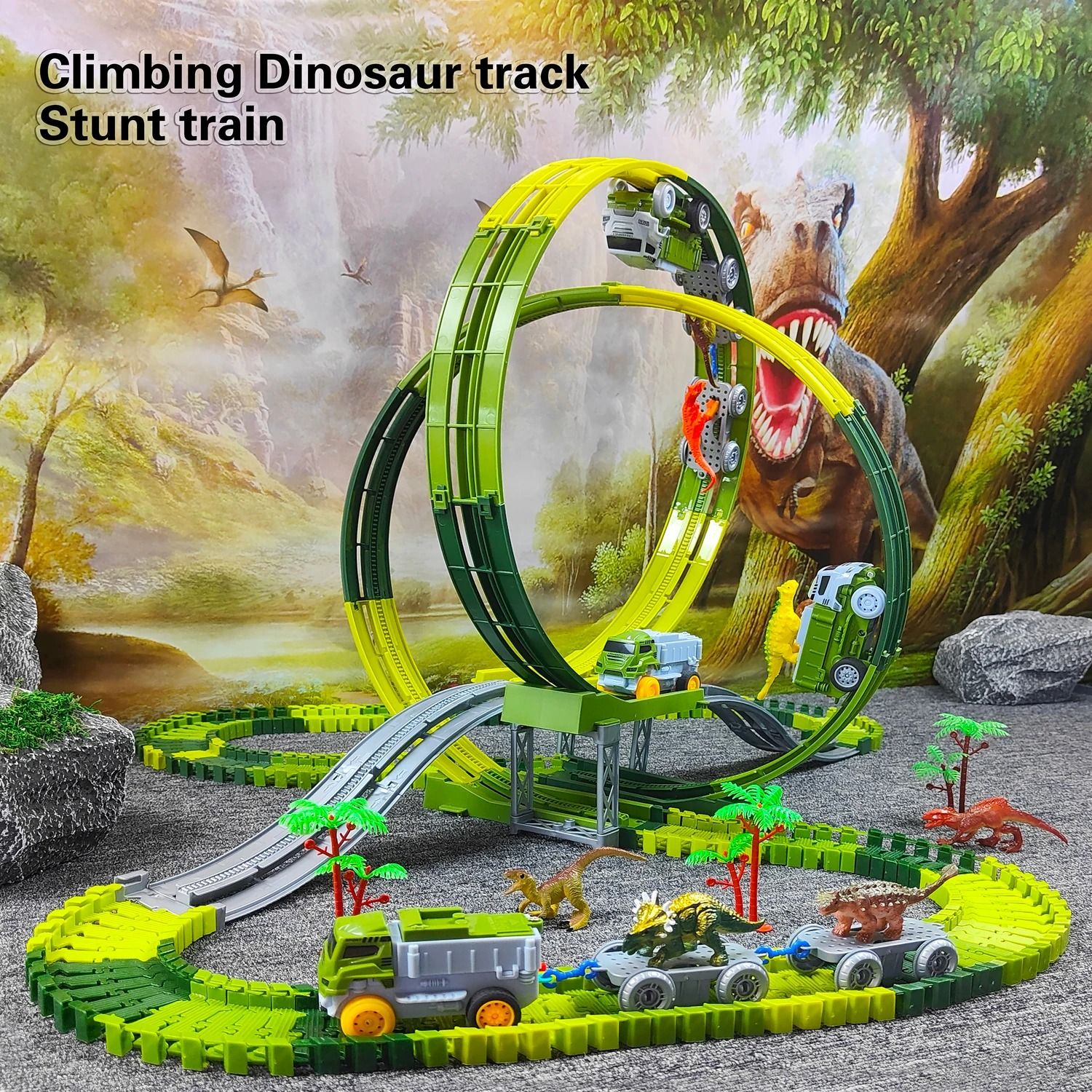 Flexible Dinosaur World Race Track Playset with Magic Climbing Train Set
