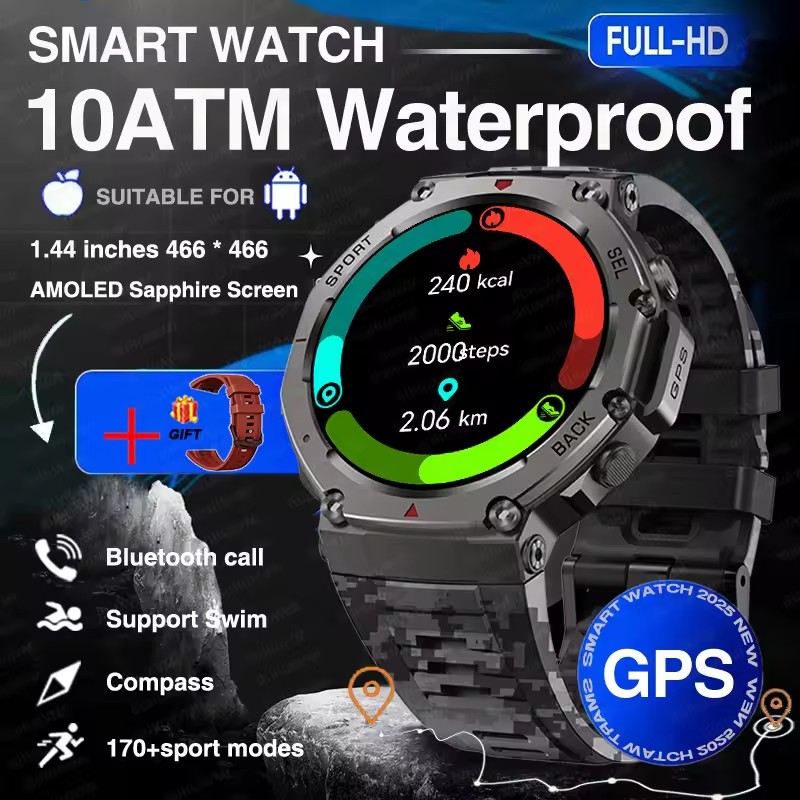 Military Smartwatch with Bluetooth & GPS, Waterproof Adventure Watch