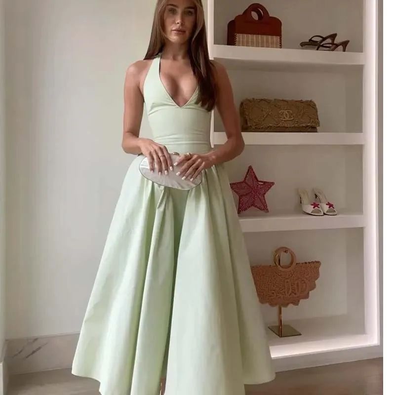 Elegant Backless Halter A-Line Midi Dress – Summer Backless Halter Dress for Women