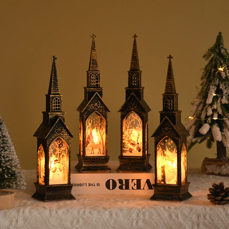 Christmas LED Lantern Table Ornament, Merry Christmas Church Lamp, Home Xmas Decoration