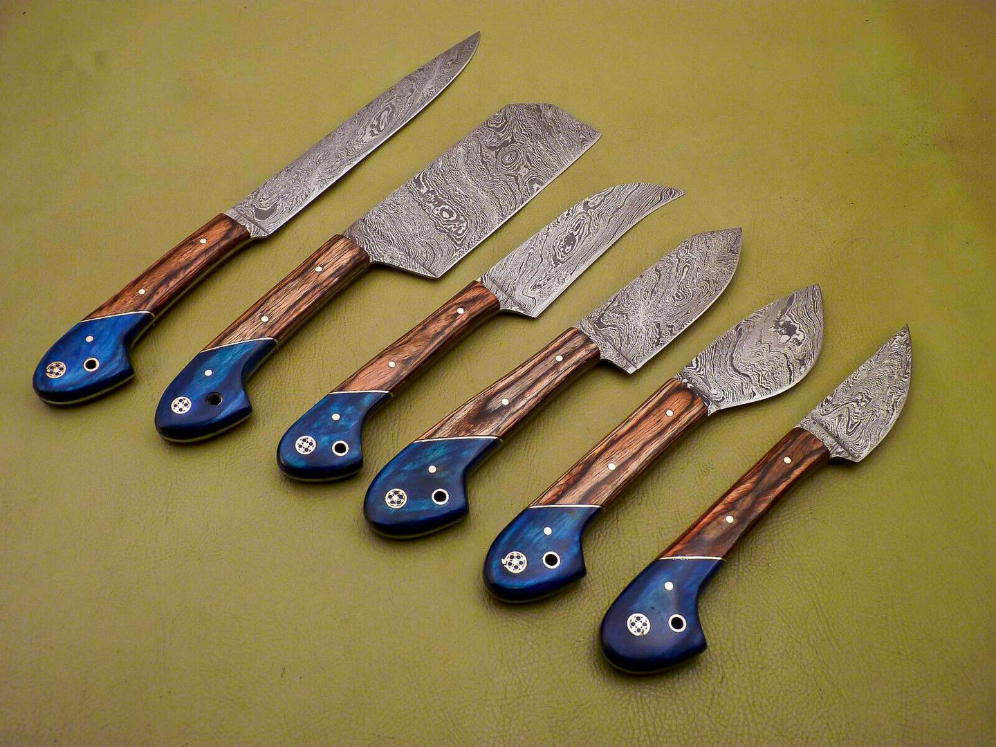 Lot of 6 Custom Damascus Chef Knives – Full Tang Kitchen Set