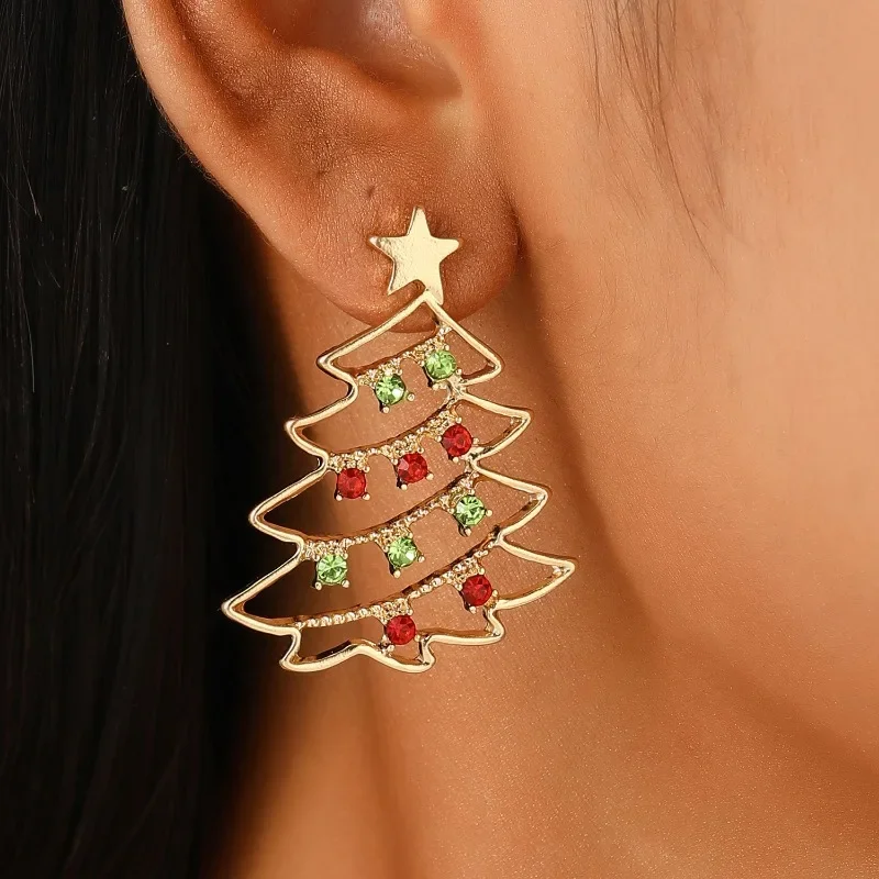 Simple Christmas Tree Earrings with Colored Zircon, Creative Fashion Jewelry Gift for Women