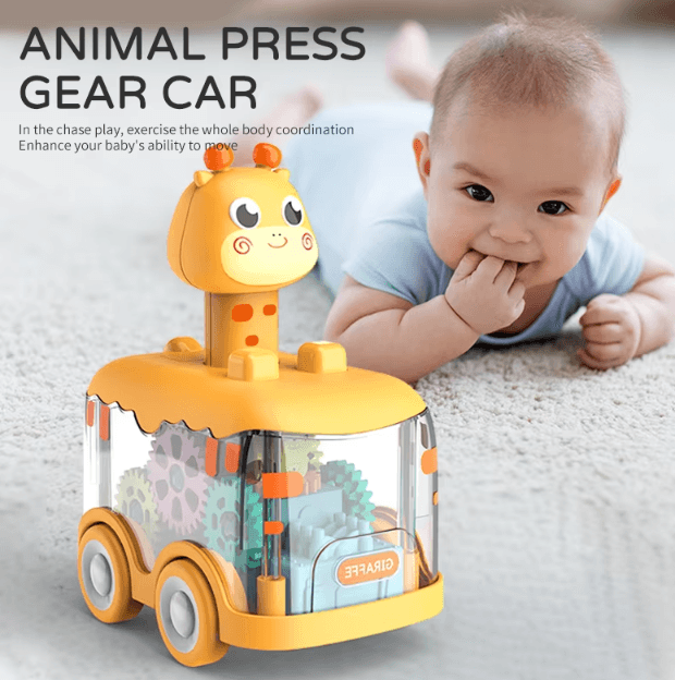Press & Go Animal Gear Car Toy – Pull Back Inertial Puzzle Vehicle for Kids