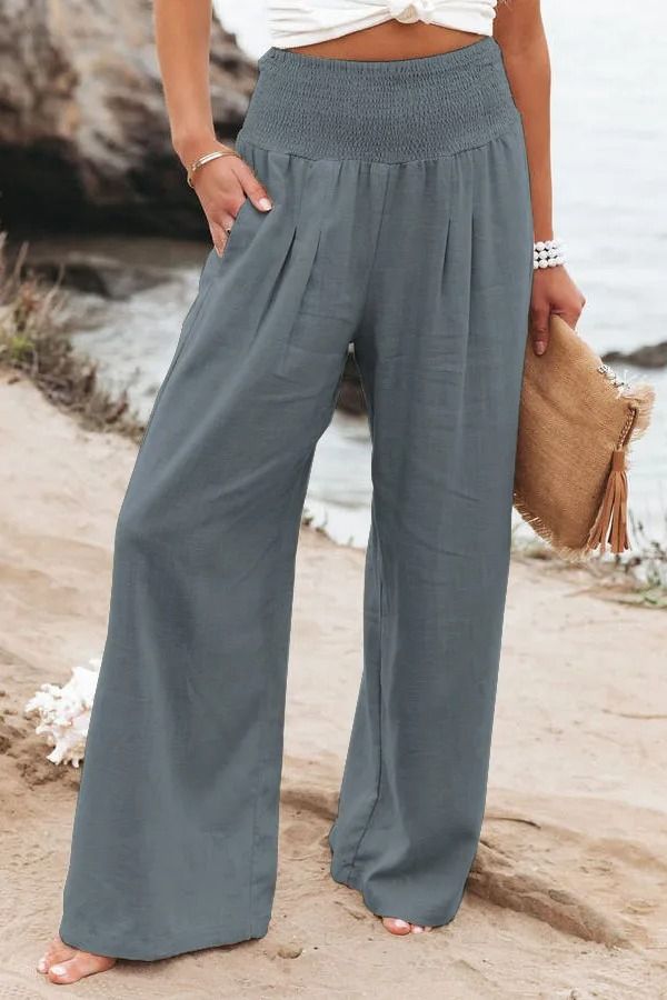 Women Drawstring Wide Leg Casual Pants Mid Waist Beach Trousers