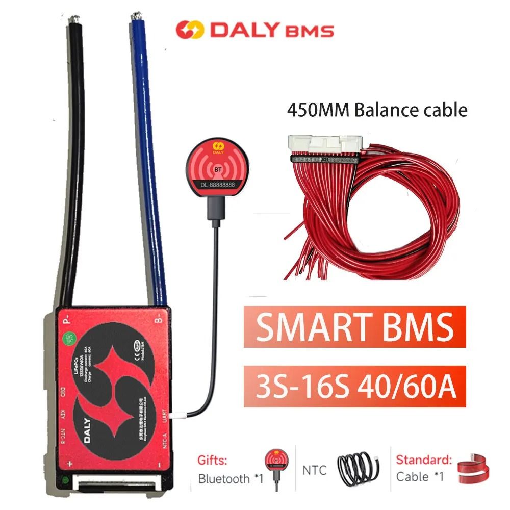 Daly Smart BMS for Lifepo4 and Li Ion Battery 4S to 16S 40A 60A with Bluetooth for Solar and EV Use
