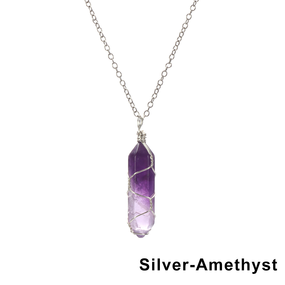 1Pc Fashion Hexagonal Cylindrical Crystal Necklace, Wire Wrap Amethyst Pendant, Natural Stone Valentine Day Gift